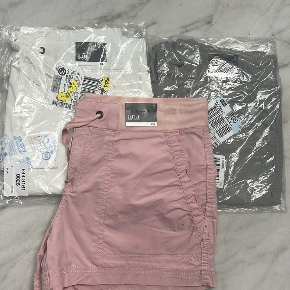 a.n.a. Drawstring waist shorts. Set of 3, light pink, grey, and white.